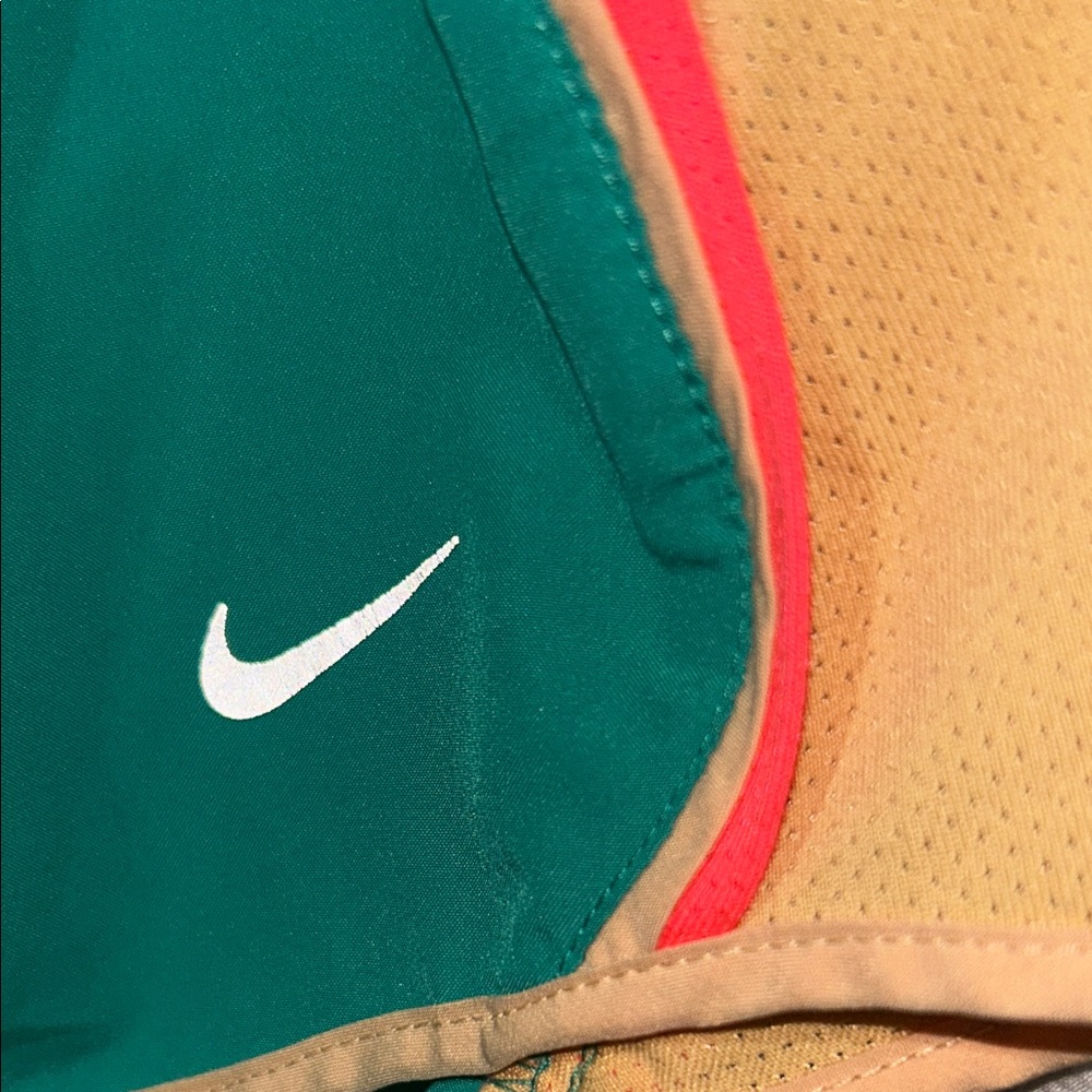Nike Dri Fit teal Athletic Shorts with Tan Panels and Coral Trim size Medium - Picture 2 of 8